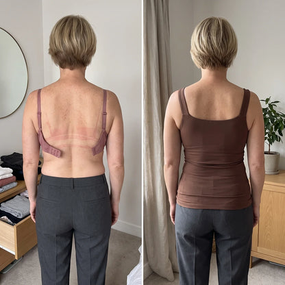 Avant après dos : soutien-gorge noir avec agrafes et débardeur Curvea Liberté